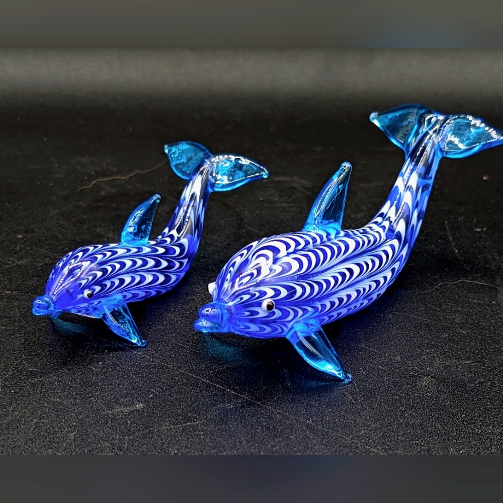Lenox Deep Blue Dolphins Art Glass Collection Set of 2
